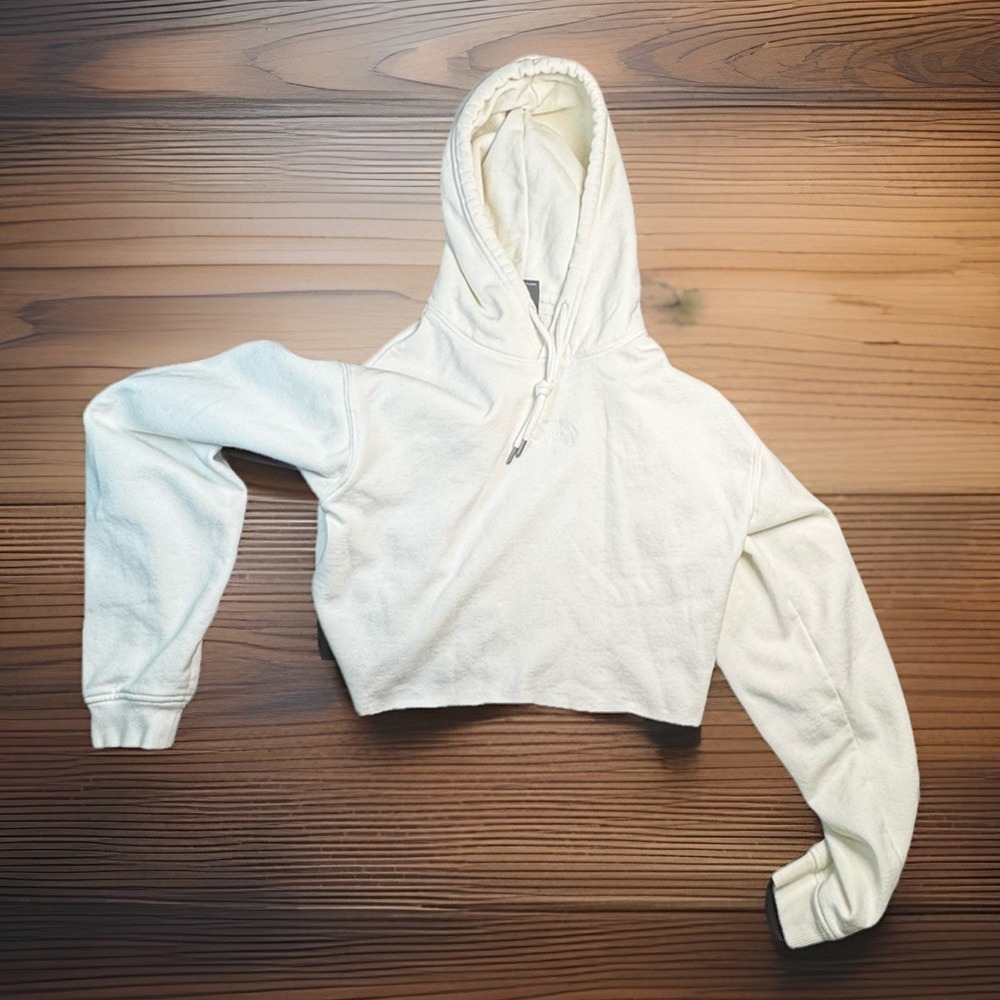The North Face Women's Cropped Hoodie Small Cream Pullover Sweatshirt Logo White